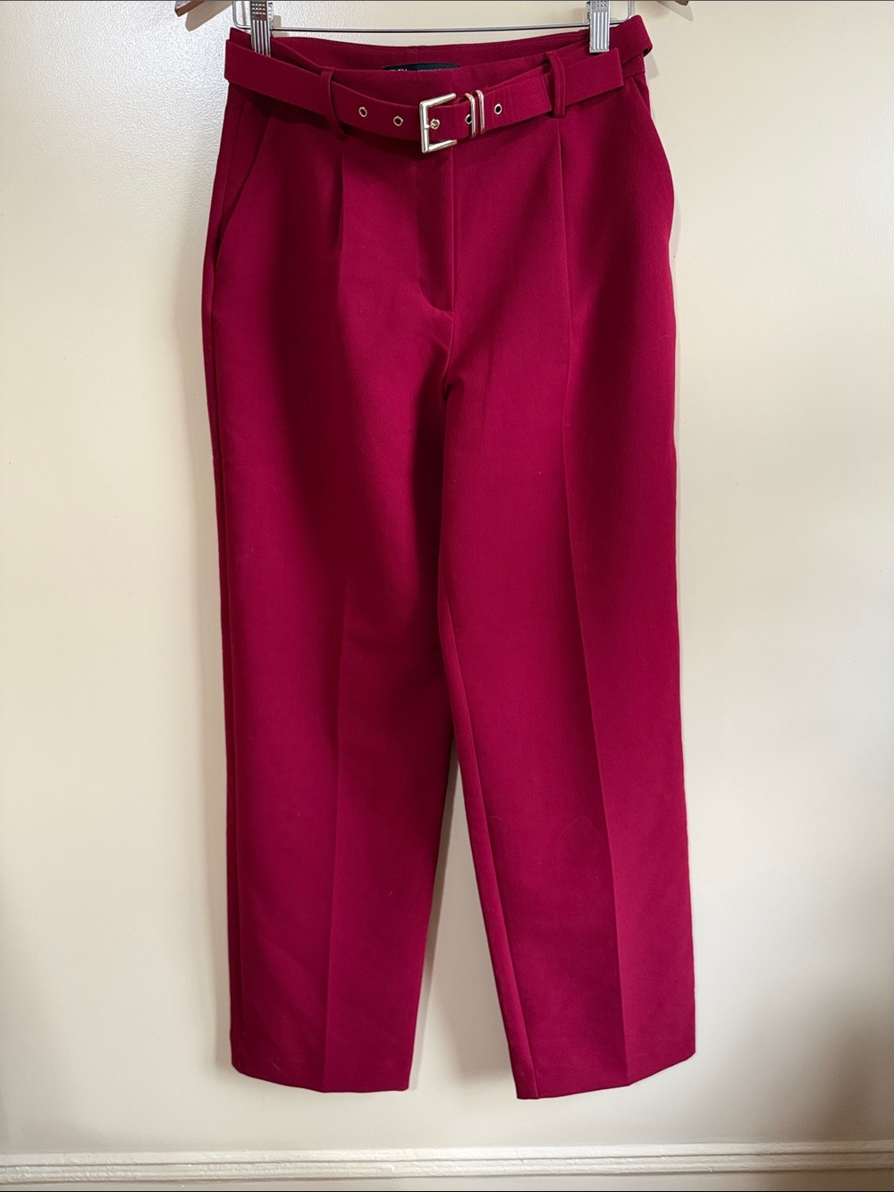 Zara Gold-Buckle Trousers in Deep Red